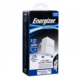 Energizer Fast Wall Charger 18W , 2.4A - 2 USB Ports - USB-C Cable 1m White UK PLUG AC11PFUKUCC3