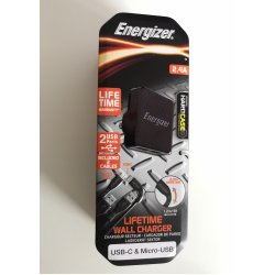 Energizer Lifetime Wall Charger 2.4A - 2 USB Ports - USB-C and Micro Usb Cable 1.2m Black uk