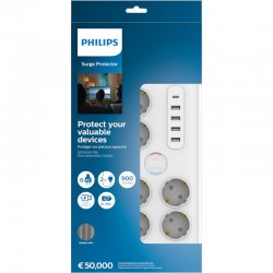 Philips SPN7060WA/GRS Πολύπριζο ασφαλείας 6 θέσεων με 1 USB Type-C 15 W και 4 USB Type-A 20 W