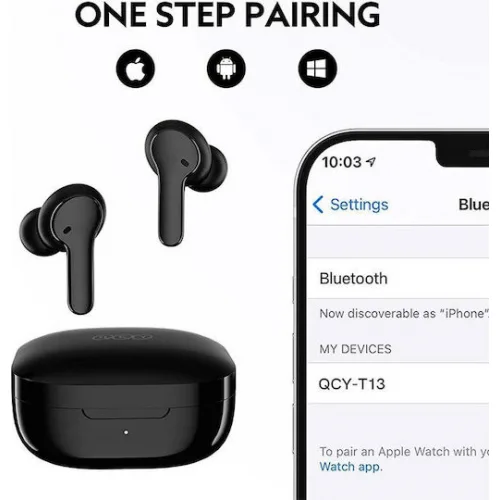 QCY T13 In-ear Bluetooth Handsfree Ακουστικά με Αντοχή στον Ιδρώτα και Θήκη Φόρτισης Μαύρα