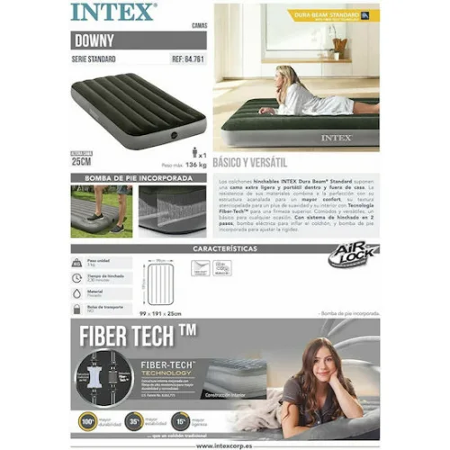 Intex Φουσκωτό Στρώμα Ύπνου Μονό με Ενσωματωμένη Αντλία Downy 191x99x25εκ. Γκρι