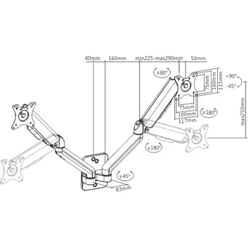 Brateck LDA32-114 Επιτοίχια Βάση για 2 Οθόνες έως 32"