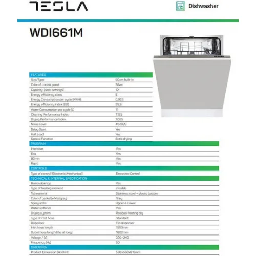 Tesla Πλήρως Εντοιχιζόμενο Πλυντήριο Πιάτων για 12 Σερβίτσια Π59.8xY81.5εκ. | Εκθεσιακό