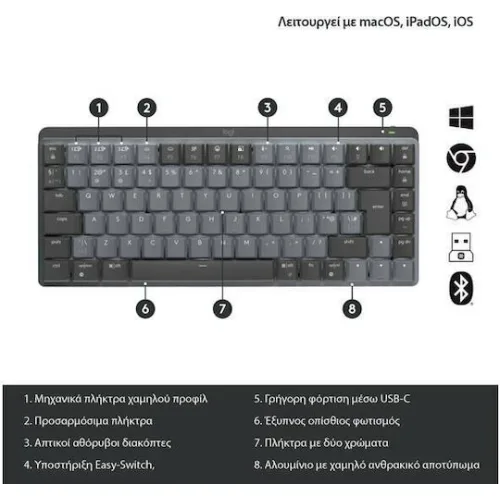 Logitech MX Mechanical Mini Silent Ασύρματο Bluetooth Πληκτρολόγιο Αγγλικό US Γκρι
