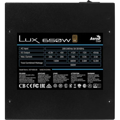 Aerocool LUX 650W Μαύρο Τροφοδοτικό Υπολογιστή Full Wired 80 Plus Bronze