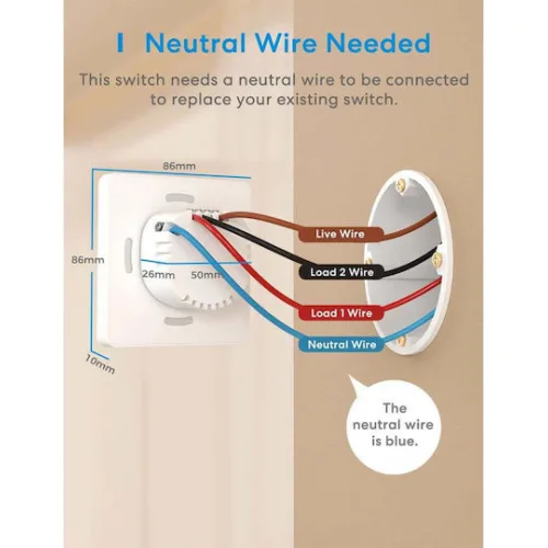 Meross Χωνευτός Διακόπτης Τοίχου Wi-Fi Φωτισμού Μονός με Πλαίσιο Λευκός