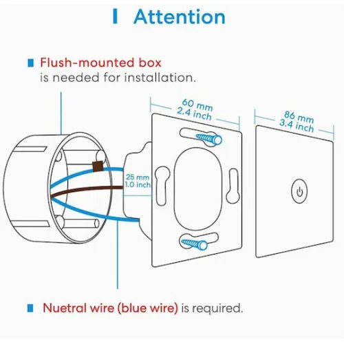 Meross Χωνευτός Διακόπτης Τοίχου Wi-Fi Φωτισμού Μονός με Πλαίσιο Λευκός