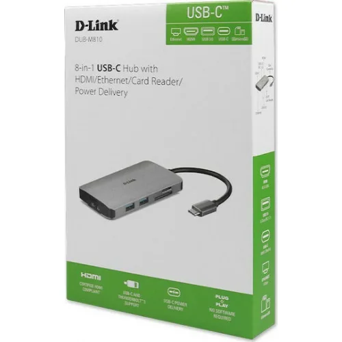 D-Link USB-C Docking Station με HDMI 4K PD Ethernet Ασημί (DUB-M810)