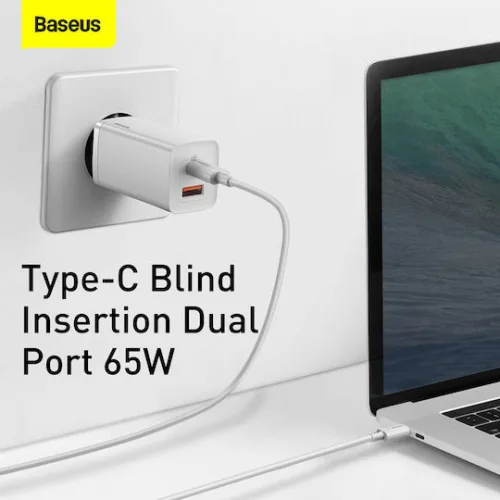 Baseus Φορτιστής Χωρίς Καλώδιο GaN με Θύρα USB-A και Θύρα USB-C 65W Quick Charge 3.0 Λευκός (CCGAN2L-B02)
