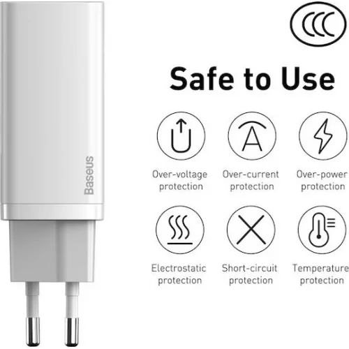 Baseus Φορτιστής Χωρίς Καλώδιο GaN με Θύρα USB-A και Θύρα USB-C 65W Quick Charge 3.0 Λευκός (CCGAN2L-B02)