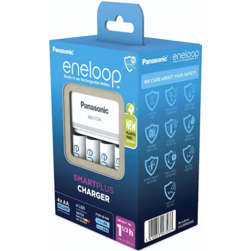 Panasonic Eneloop Smartplus BQ-CC55E Φορτιστής 4 Μπαταριών Ni-MH Μεγέθους AA/AAA Σετ με 4x AA 2000mAh σε Λευκό χρώμα