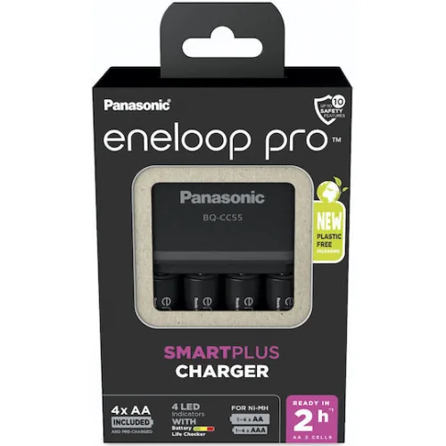 Panasonic Eneloop Pro Smart Plus BQ-CC55 Φορτιστής 4 Μπαταριών Ni-MH Μεγέθους AA/AAA Σετ με 4x AA 2500mAh