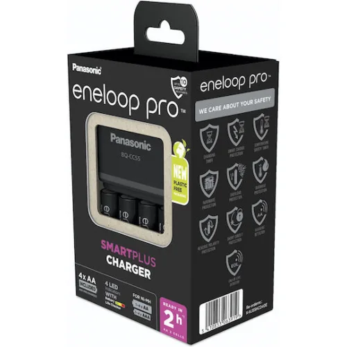Panasonic Eneloop Pro Smart Plus BQ-CC55 Φορτιστής 4 Μπαταριών Ni-MH Μεγέθους AA/AAA Σετ με 4x AA 2500mAh