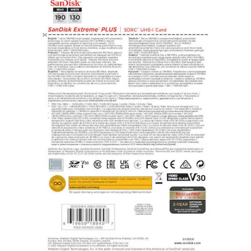 Sandisk Extreme SDXC 256GB Class 10 U3 V30 UHS-I 90MB/s