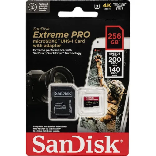 Sandisk Extreme PRO microSDXC 256GB U3 V30 A2 UHS-I με αντάπτορα