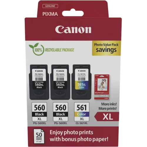 Canon PG-560 XL Γνήσιο Photo Value Pack με 3 Μελάνια Εκτυπωτή InkJet Μαύρο / Πολλαπλό (Color) (3712C012)