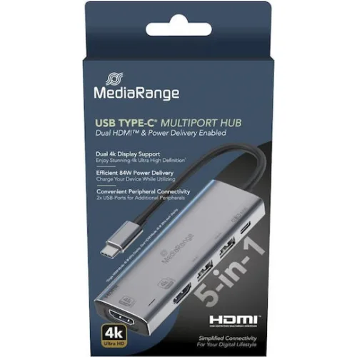 MediaRange USB-C Docking Station με HDMI 4K PD και σύνδεση 2 Οθονών Ασημί (MRCS511)