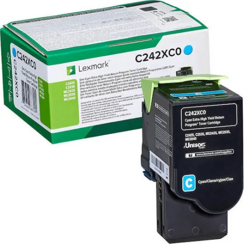 Lexmark C242XC0 Γνήσιο Toner Laser Εκτυπωτή Κυανό Return Program Extra High Yield 3500 Σελίδων