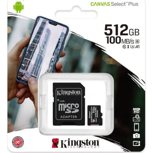 Kingston Canvas Select Plus microSDXC 512GB Class 10 U3 V30 A1 UHS-I με αντάπτορα