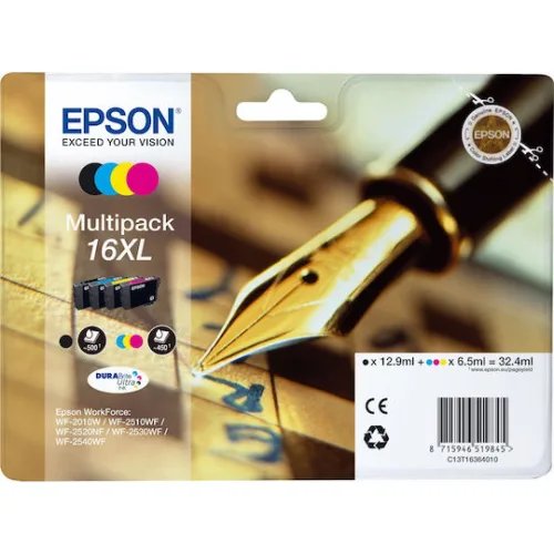 Epson 16XL Γνήσιο Πακέτο 4 Μελανιών Εκτυπωτή InkJet Κίτρινο / Κυανό / Ματζέντα / Μαύρο (C13T16364010 C13T16364012)