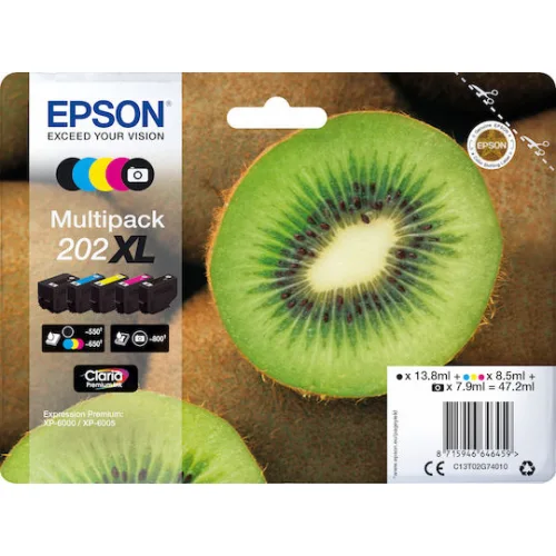 Epson 202XL Γνήσιο Πακέτο 5 Μελανιών Εκτυπωτή InkJet Photo Μαύρο / Κίτρινο / Κυανό / Ματζέντα / Μαύρο (C13T02G74010)