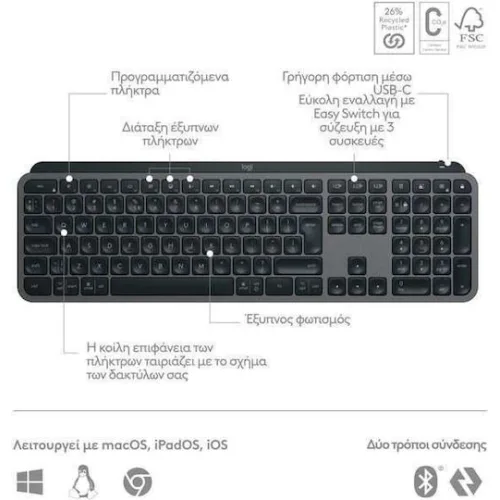 Logitech MX Keys S Ασύρματο Bluetooth Πληκτρολόγιο International English