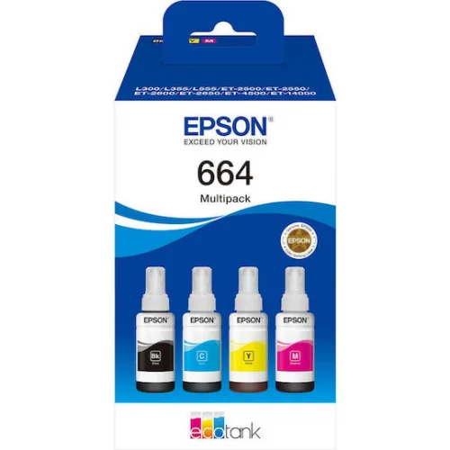 Epson 664 Γνήσιο Πακέτο 4 Μελανιών Εκτυπωτή InkJet Κίτρινο / Κυανό / Ματζέντα / Μαύρο (C13T66464A)
