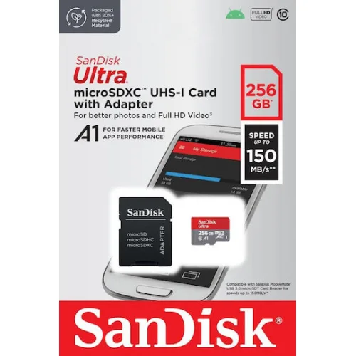 Sandisk Ultra microSDXC 256GB Class 10 U1 A1 UHS-I με αντάπτορα 150MB/s