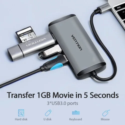 VENTION Type-C to HDMI/USB 3.0*3/PD 87W Docking Station 0.15M Gray Metal Type (CNBHB) (VENCNBHB)