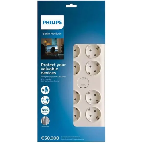 Philips Πολύπριζο Ασφαλείας 8 Θέσεων με Καλώδιο 2m