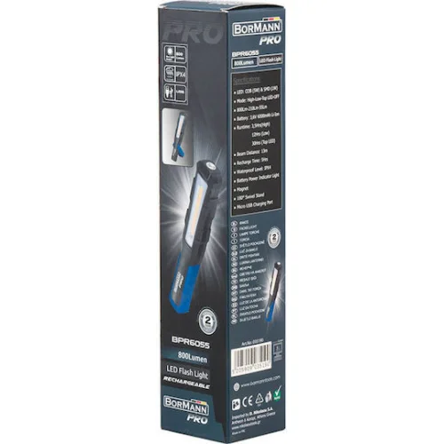 Bormann Pro Φακός Συνεργείου Επαναφορτιζόμενος LED IPX4 Διπλής Λειτουργίας με Φωτεινότητα έως 800lm BPR6055