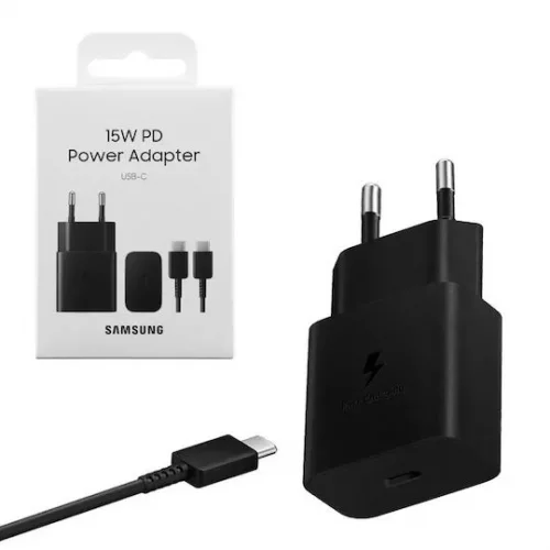 Samsung Φορτιστής με Θύρα USB-C και Καλώδιο USB-C - USB-C 15W Power Delivery Μαύρος (EP-T1510X)