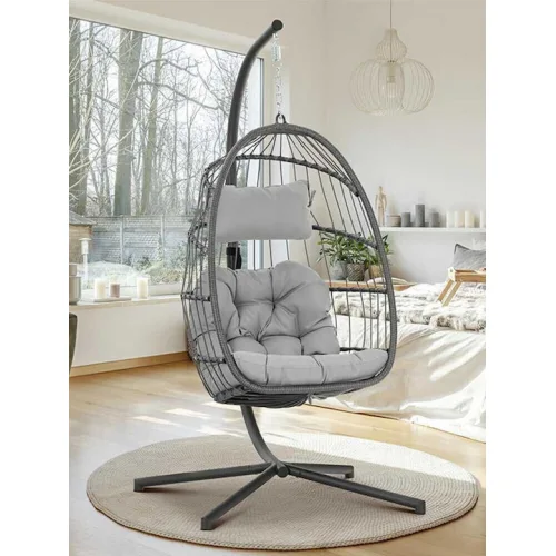 Κρεμαστή Κούνια Φωλιά με Μαξιλάρι Rattan Γκρι Αντοχής έως 130kg Μ95xΠ95xΥ196cm