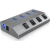 Icy Box USB 3.0 Hub 4 Θυρών με σύνδεση USB-A & Θύρα Φόρτισης και Εξωτερική Παροχή Ρεύματος Ασημί