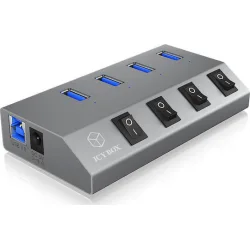 Icy Box USB 3.0 Hub 4 Θυρών με σύνδεση USB-A & Θύρα Φόρτισης και Εξωτερική Παροχή Ρεύματος Ασημί