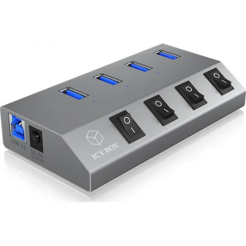 Icy Box USB 3.0 Hub 4 Θυρών με σύνδεση USB-A & Θύρα Φόρτισης και Εξωτερική Παροχή Ρεύματος Ασημί