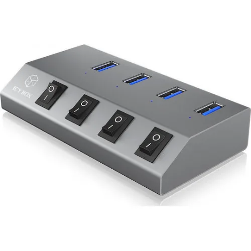 Icy Box USB 3.0 Hub 4 Θυρών με σύνδεση USB-A & Θύρα Φόρτισης και Εξωτερική Παροχή Ρεύματος Ασημί
