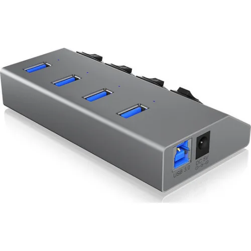 Icy Box USB 3.0 Hub 4 Θυρών με σύνδεση USB-A & Θύρα Φόρτισης και Εξωτερική Παροχή Ρεύματος Ασημί