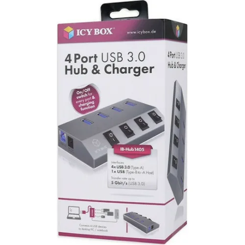 Icy Box USB 3.0 Hub 4 Θυρών με σύνδεση USB-A & Θύρα Φόρτισης και Εξωτερική Παροχή Ρεύματος Ασημί