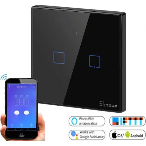 Sonoff Χωνευτός Διακόπτης Τοίχου Αφής Wi-Fi Φωτισμού Διπλός με Πλαίσιο Μαύρος