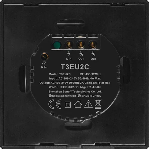 Sonoff Χωνευτός Διακόπτης Τοίχου Αφής Wi-Fi Φωτισμού Διπλός με Πλαίσιο Μαύρος