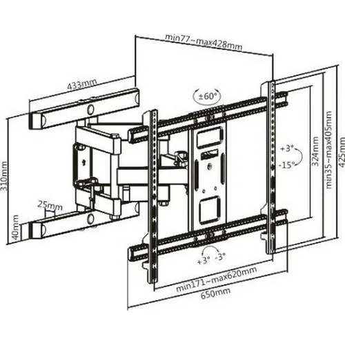 Brateck LPA61-466 Βάση Τηλεόρασης Τοίχου με Βραχίονα έως 80" και 60kg