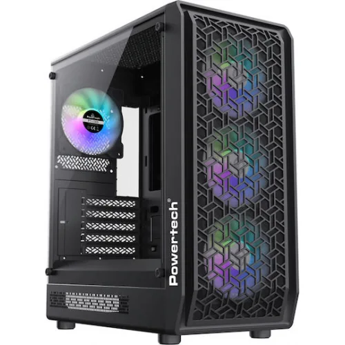 Powertech PT-1309 Gaming Midi Tower Κουτί Υπολογιστή με Πλαϊνό Παράθυρο και RGB Φωτισμό Μαύρο