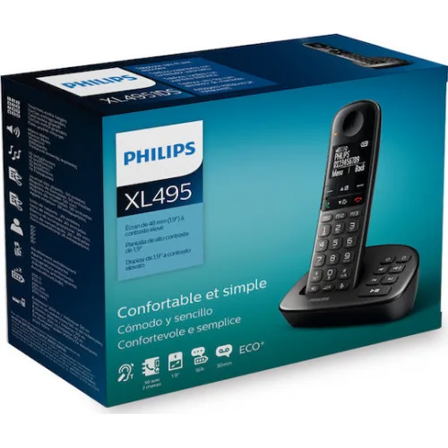 Philips XL495 Ασύρματο Τηλέφωνο με Ελληνικό Μενού Μαύρο