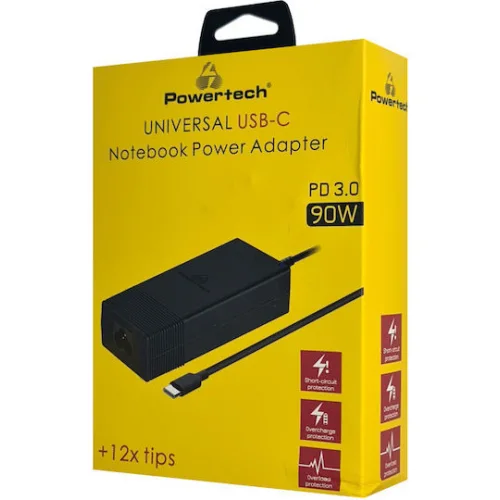 Powertech USB-C Φορτιστής Laptop 90W 1.5A για HP / Acer / Dell / Lenovo / IBM / Sony με Αποσπώμενο Καλώδιο Τροφοδοσίας και με σετ βυσμάτων