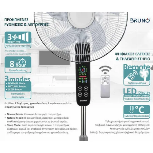 Bruno Ανεμιστήρας Ορθοστάτης 45W Διαμέτρου 43cm με Τηλεχειριστήριο