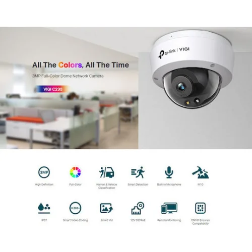 TP-LINK VIGI C230 v1 IP Κάμερα Παρακολούθησης Full HD+ 3MP Αδιάβροχη με Μικρόφωνο και Φακό 4mm