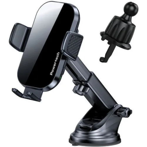 Powertech Βάση Κινητού Αυτοκινήτου με Ρυθμιζόμενα Άγκιστρα και Ασύρματη Φόρτιση Μαύρη