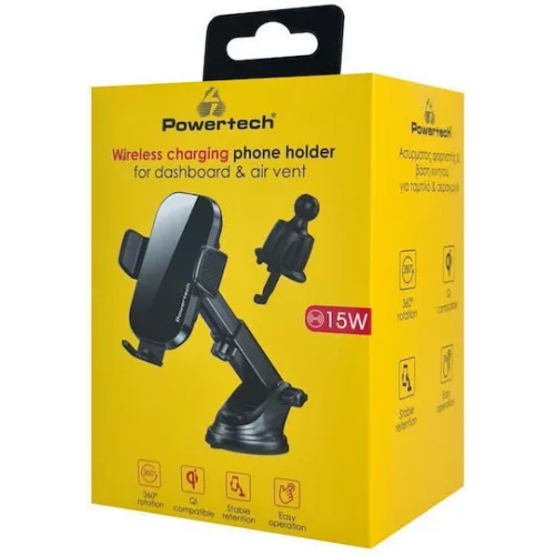 Powertech Βάση Κινητού Αυτοκινήτου με Ρυθμιζόμενα Άγκιστρα και Ασύρματη Φόρτιση Μαύρη