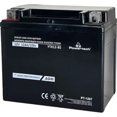 Powertech Μπαταρία Μοτοσυκλέτας YTX12-BS με Χωρητικότητα 12Ah
